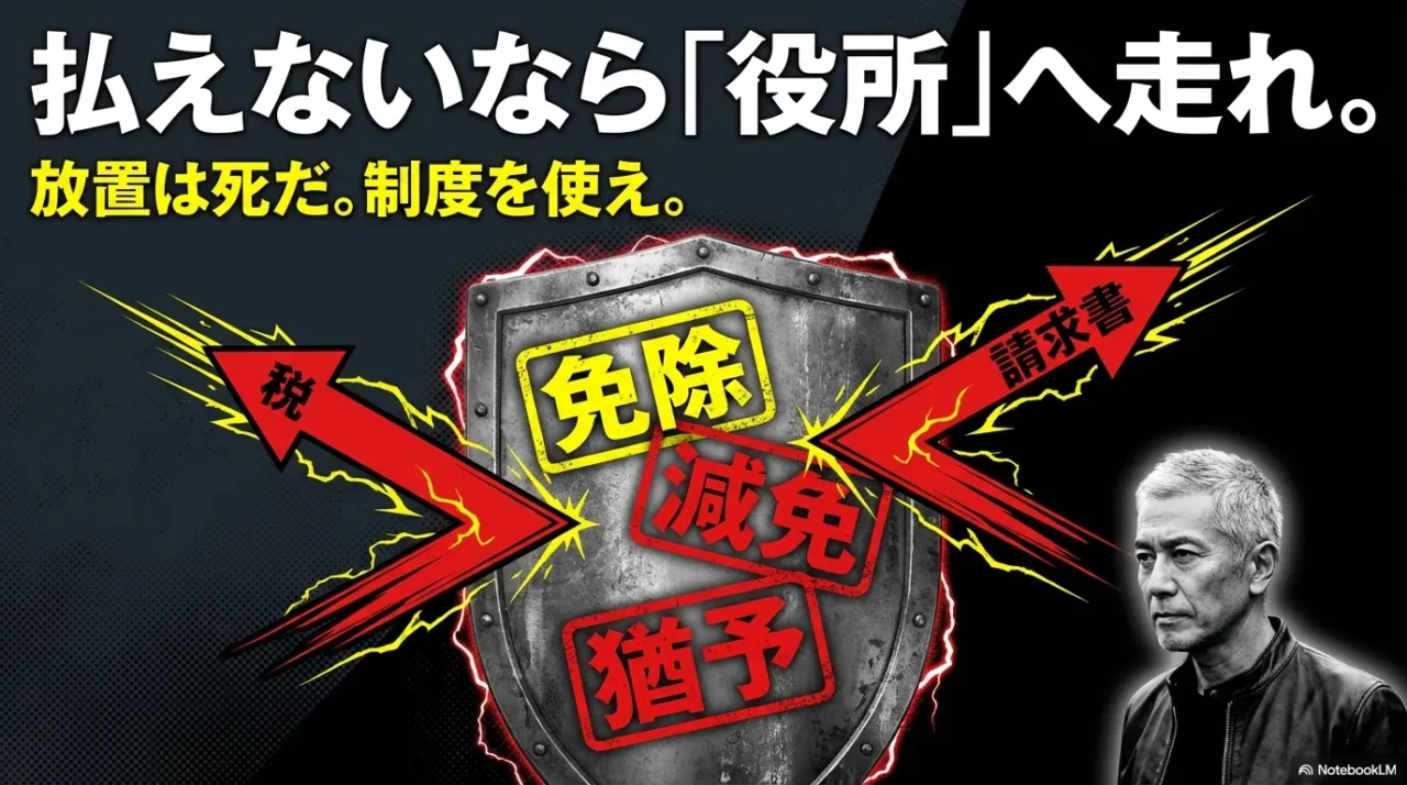 「払えないなら役所へ走れ。免除・減免・猶予」と示す画像