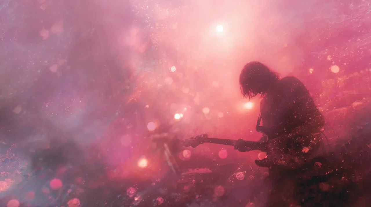 ピンク色の霞がかった光の中で、ギターを弾く人物のシルエットが浮かび上がる、夢のようなシューゲイズ風のイメージ。
