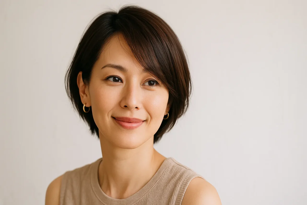 自然なブラウンのショートボブで微笑む日本人女性のクローズアップポートレート