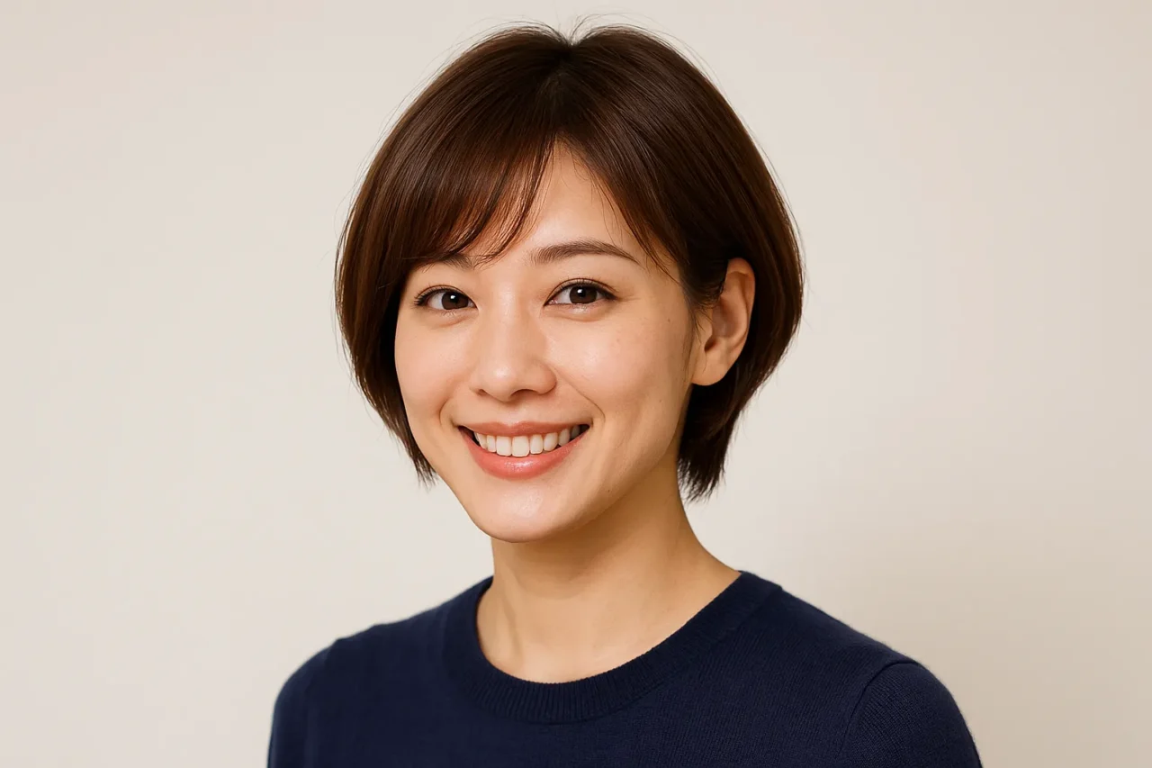 明るい笑顔を見せる日本人女性のショートボブヘアスタイルのポートレート