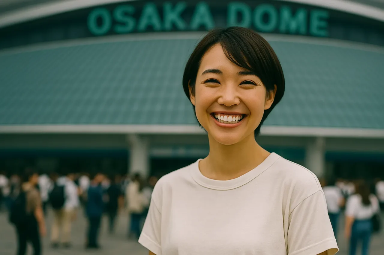 大阪ドーム前で笑顔を見せる白い服を着たショートカットの日本人女性