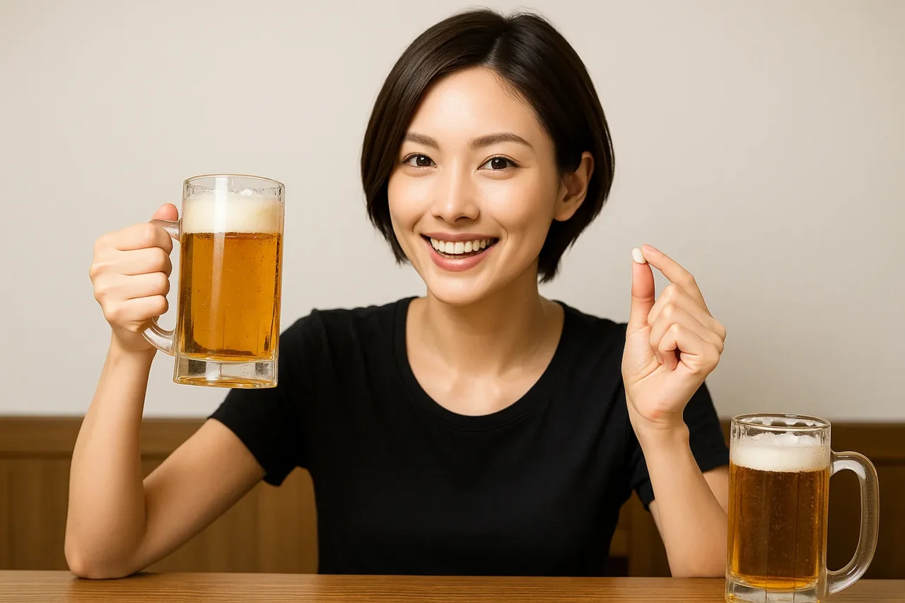 酒豪伝説を飲んで酔わずに酒を楽しむショートカットの美しい日本人女性