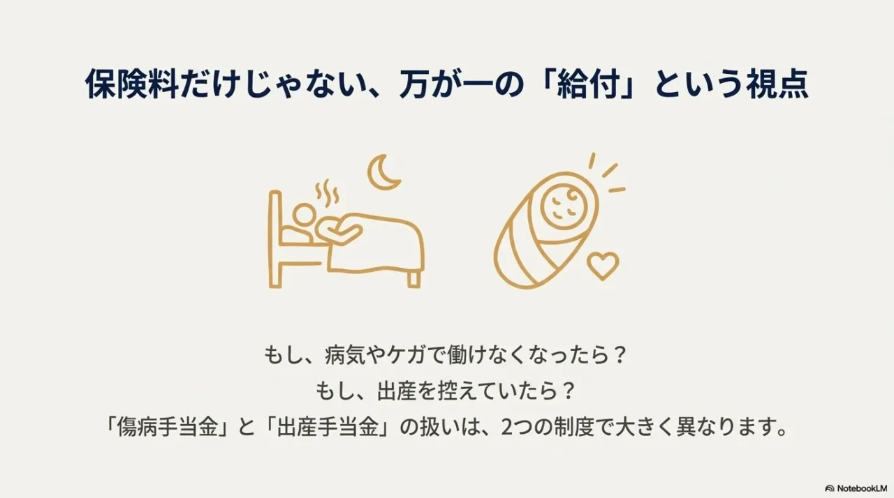 病気や怪我、出産を控えている場合の給付金（傷病手当金・出産手当金）の重要性を示すイメージスライド