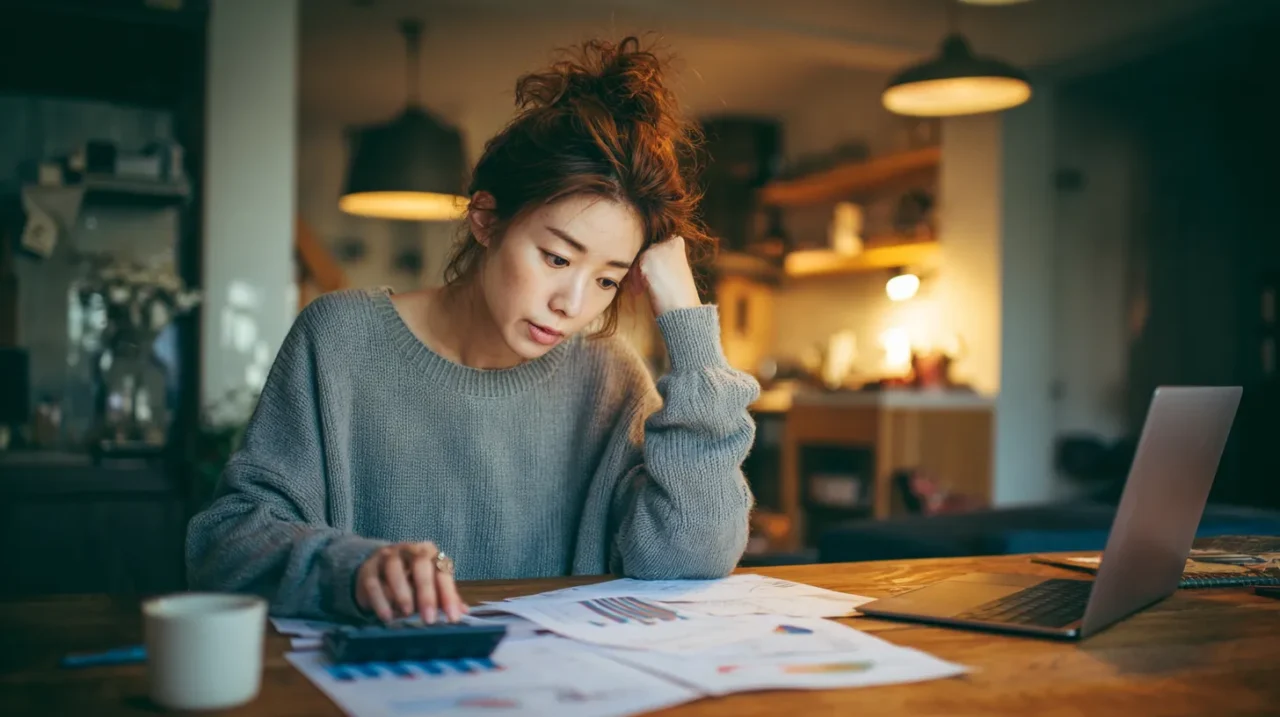 傷病手当金の金額を計算しながら不安そうに書類を見つめる日本人女性のイメージ写真