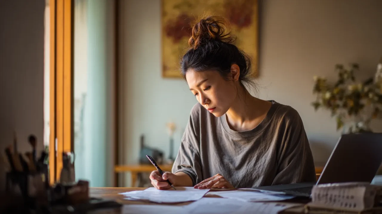 傷病手当金の申請書類を書きながら考え込む日本人女性のイメージ写真