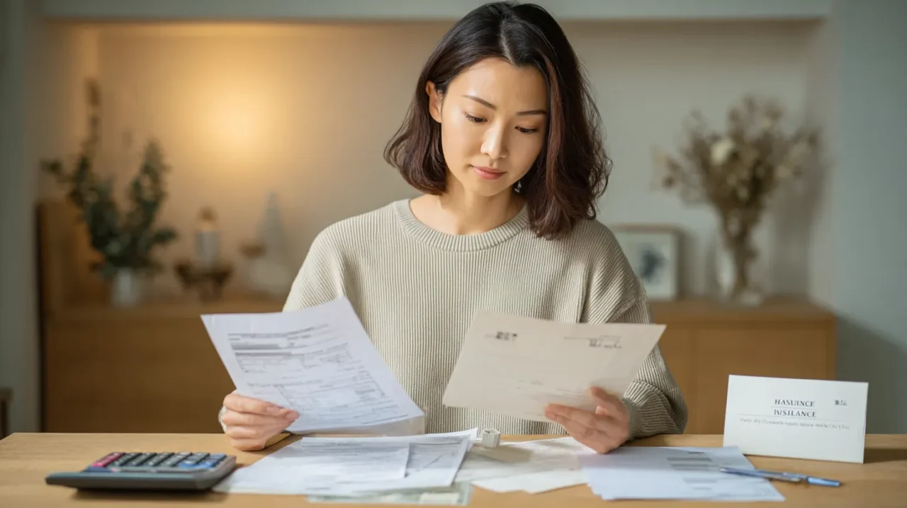自宅の机で書類と家計を確認し、傷病手当金や通院費の不安を整理する女性