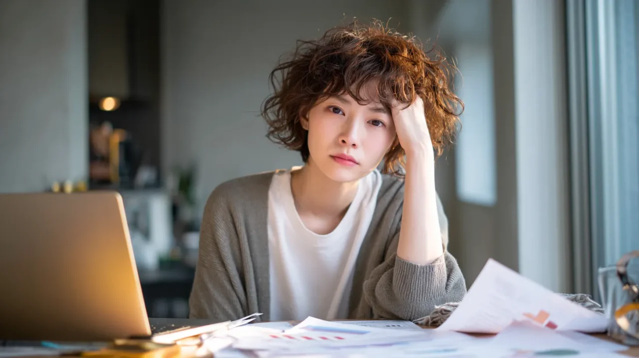 書類とパソコンを前に疲れた表情で悩む日本人女性のイメージ写真