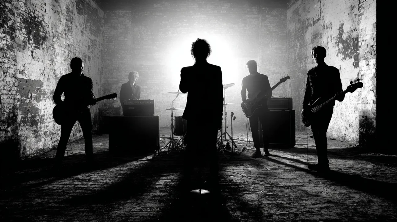 逆光の中で5人編成のガレージロックバンドがシルエットで演奏している情景。荒れたレンガ壁の廃倉庫で、中央にボーカル、両脇にギターとベース、奥にドラム、左奥にキーボードが配置され、60年代的なラフで生々しい雰囲気が表現されている。