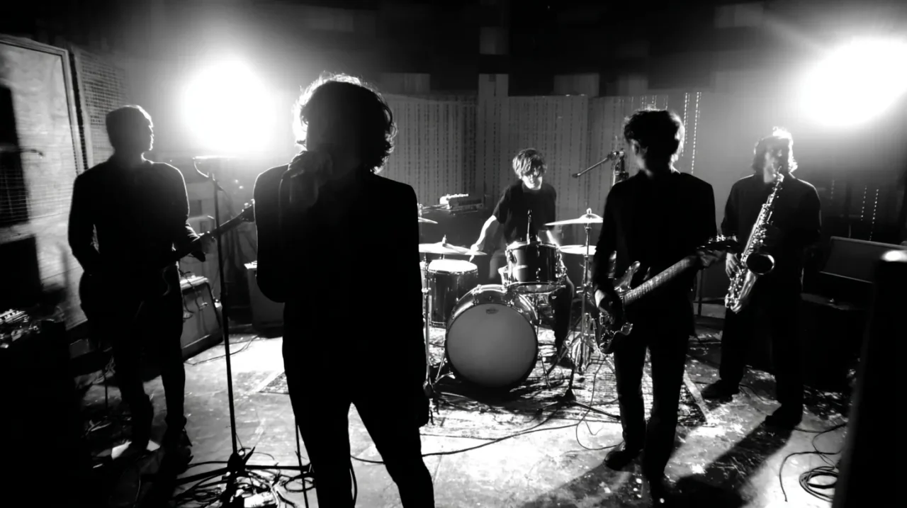 強い逆光の中で演奏する、5人編成の1960年代ガレージロック風バンドのシルエット。ボーカル、ギター、ベース、ドラム、サックスが配置され、荒々しくエネルギッシュなライブ感が表現されている。