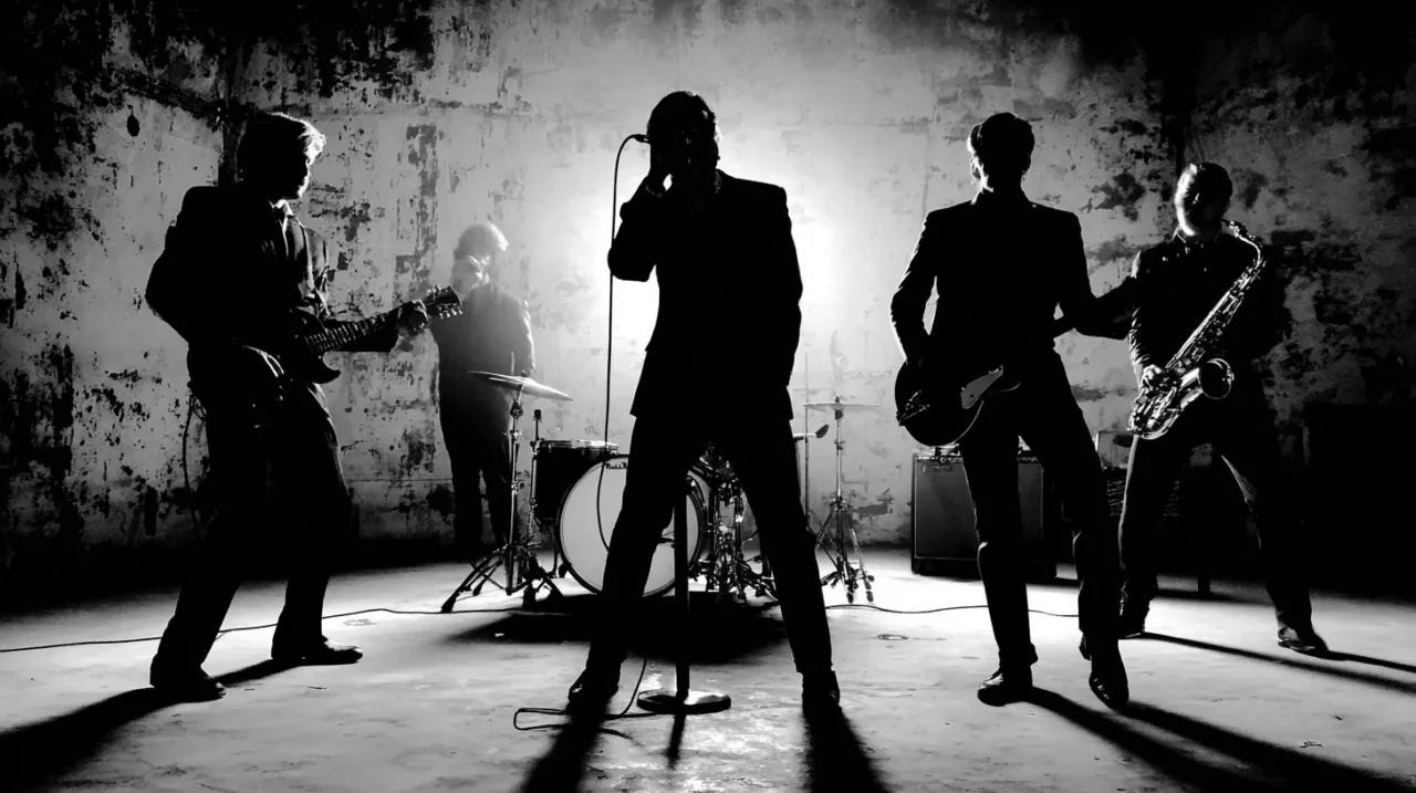 荒れた壁を背景に、強い逆光の中で演奏する5人編成の1960年代ガレージロック風バンドのシルエット。中央にボーカル、左右にギターとベース、背後にドラム、右端にサックス奏者が配置され、ラウドで荒々しい雰囲気が漂っている。