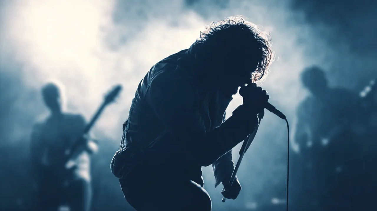 濃いスモークに包まれたステージで、シルエットのロックシンガーがマイクを握り深く前傾姿勢で歌っている。背後には演奏中のバンドメンバーの影がぼんやりと浮かび上がっている。