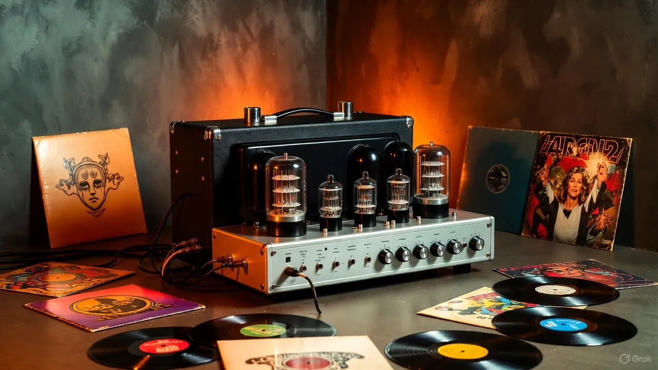 銀色の真空管アンプが中央に置かれ、周囲にレコード盤とアルバムジャケットが散らばる。温かい照明が当たるレトロな音楽空間。