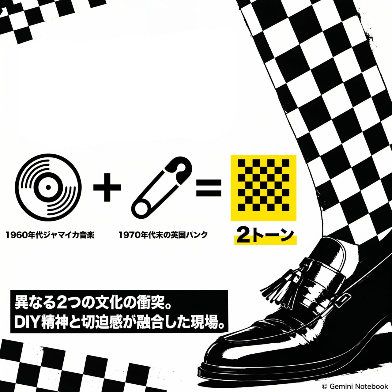 レコード＋安全ピン＝黄色地の市松模様という数式風の図で、1960年代ジャマイカ音楽と1970年代末の英国パンクが融合して2トーンになったことを示した図。