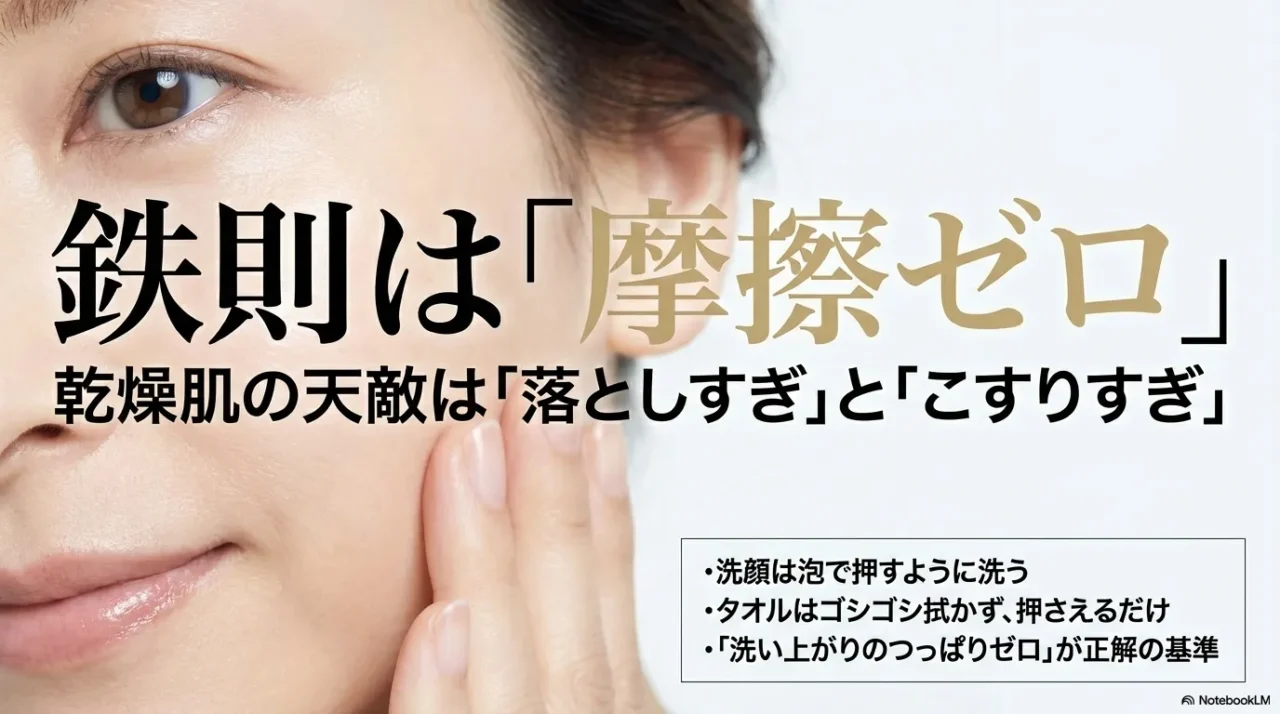 乾燥肌の天敵である落としすぎとこすりすぎを防ぐ方法。泡で押すように洗い、タオルは押さえるだけにするポイント。