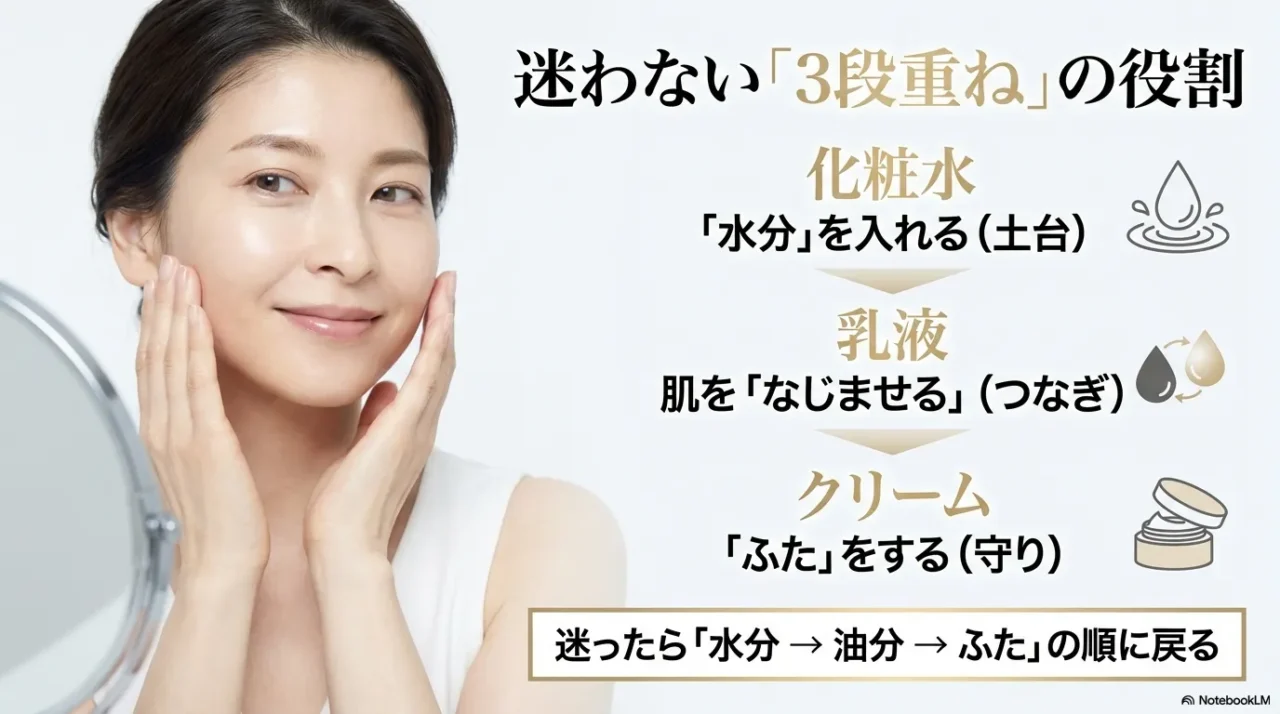 化粧水で水分を入れ、乳液でなじませ、クリームでふたをする3段重ねの役割解説図。