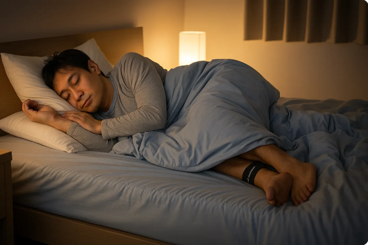 ベッドで仰向けになり、足首に黒いHURONのアンクルバンドをつけたまま眠る男性。