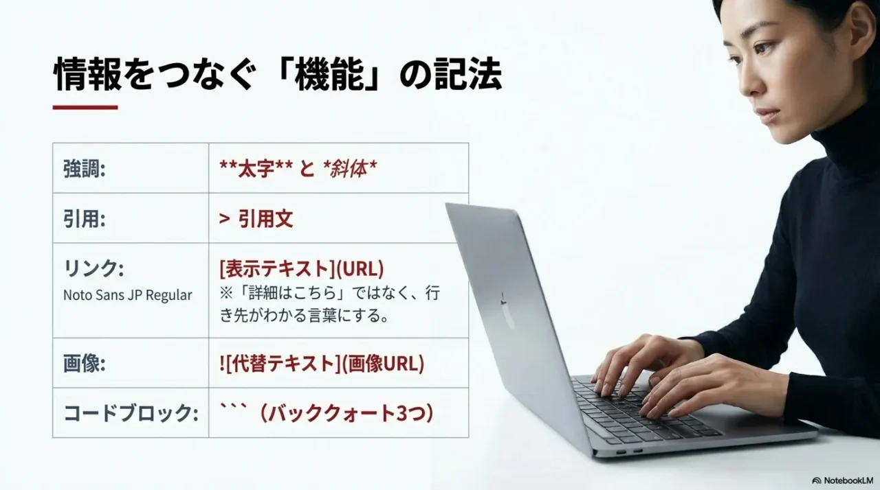 強調・引用・リンク・画像・コードブロックの基本記法