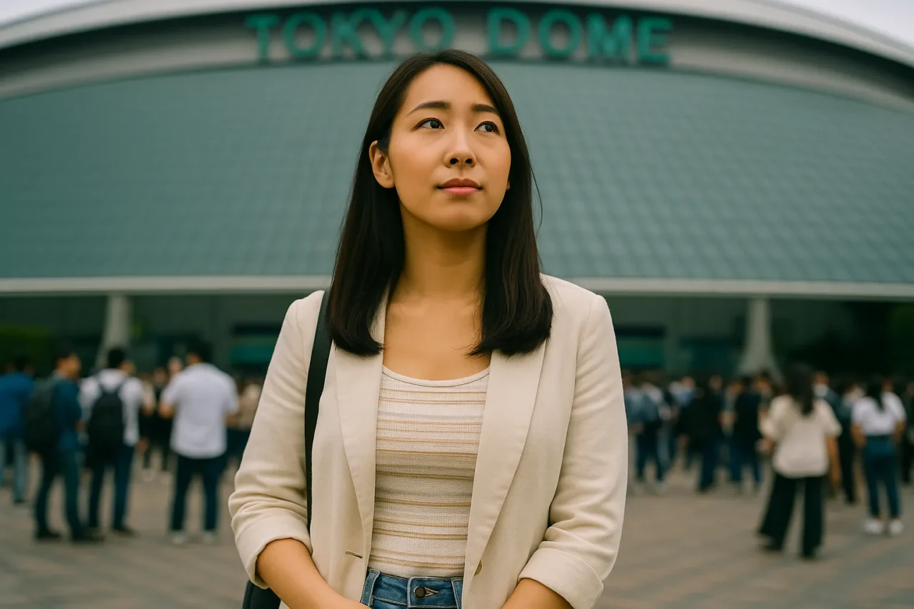 東京ドーム前で笑顔を見せる日本人女性。ライブ中のトイレ混雑に備えて紙おむつを活用している様子