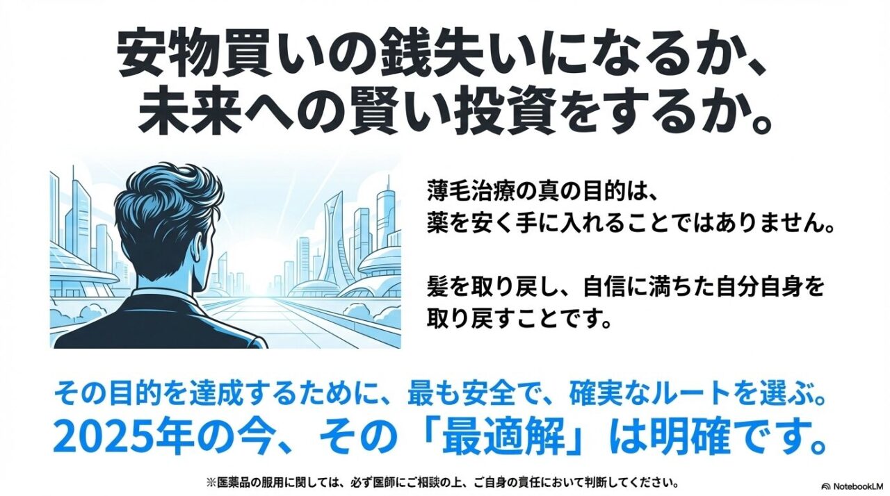 薄毛治療の目的は安さではなく自信を取り戻すことであるとし、安全で確実なルートを選ぶべきというメッセージ