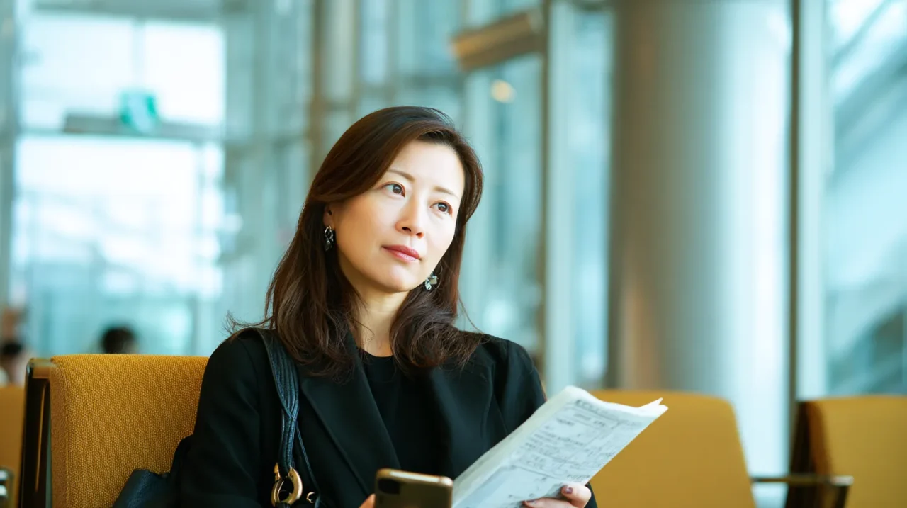 公共施設の待合スペースで書類を確認しながら、失業保険や給付金について冷静に考える50代前半の日本人女性