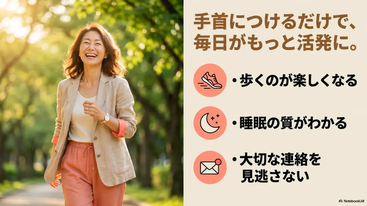 スマートウォッチで歩数や睡眠、通知を確認する50代女性のメリット