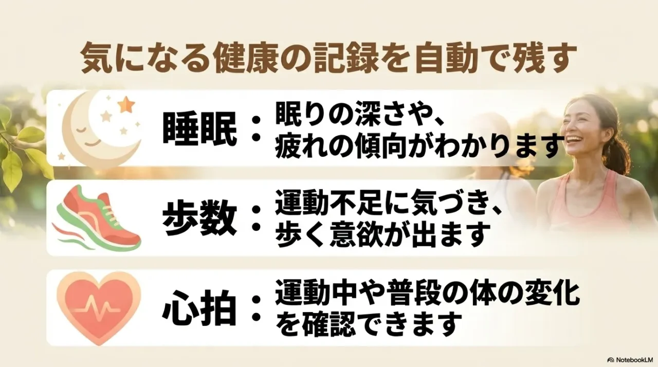 スマートウォッチで睡眠、歩数、心拍を記録して健康管理に役立てる50代女性