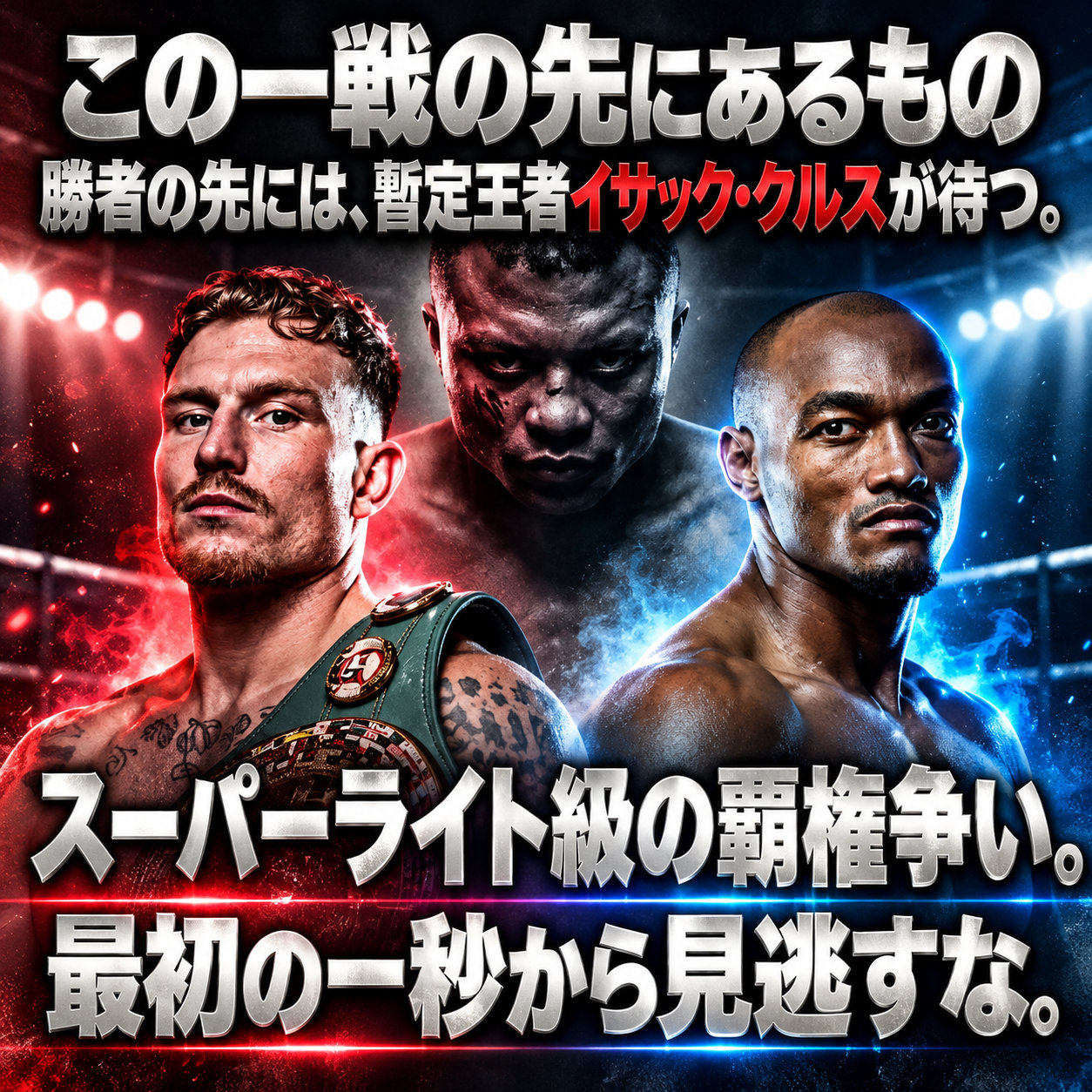 赤側のスミスと青側のプエジョの背後中央に別の選手を大きく描き、暫定王者クルスとWBCスーパーライト級の王座争いを示した画像。
