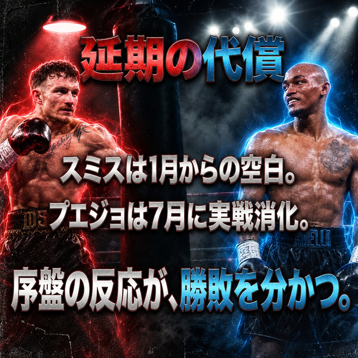 赤い光のスミスと青い光のプエジョを左右に置き、スミスの1月からの試合間隔とプエジョの7月の実戦を日本語で対比した画像。