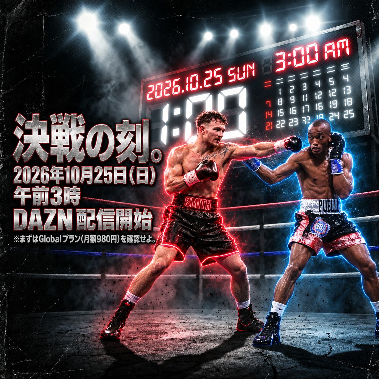 リング上でスミスが腕を伸ばしプエジョが構えるイラスト。左に2026年10月25日午前3時DAZN配信開始と記し、背後に電光掲示板を配置した画像。