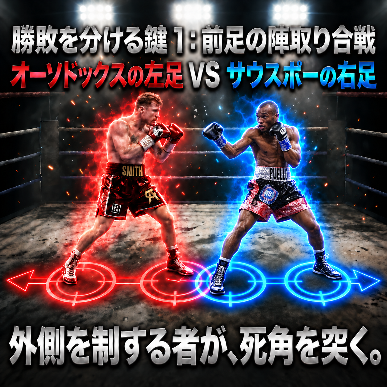 リングで向き合う赤側のオーソドックスと青側のサウスポーの足元に円と矢印を重ね、互いの前足の外側を狙う位置取りを図解した画像。