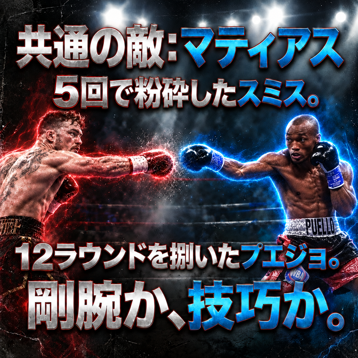 スミスとプエジョがリング上で拳を伸ばし合い、共通の対戦相手マティアスと両者の対戦結果を大きな日本語見出しで示した比較イメージ。