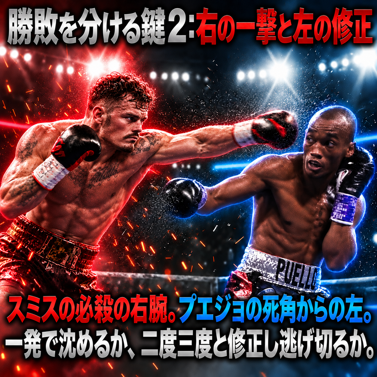 赤い光のスミスが右腕を伸ばし、青い光のプエジョが左腕で応じる構図に、右の一撃と左の修正という見出しを加えたボクシング画像。