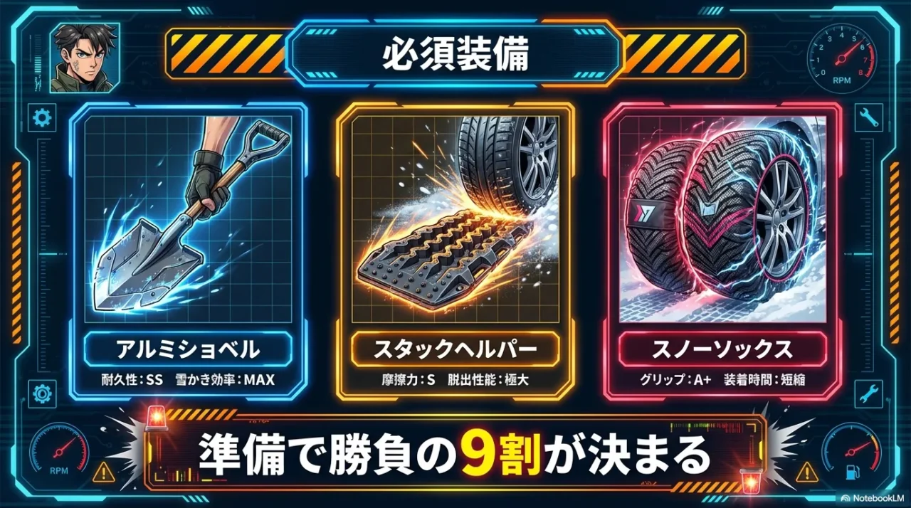 雪道で役立つ必須装備（スコップ・脱出補助・スノーソックス）