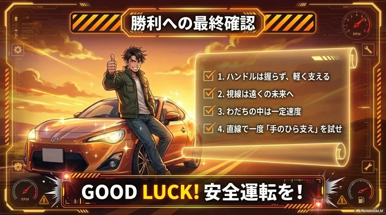 雪道のわだち対策の最終チェック（支える・遠方視・一定）