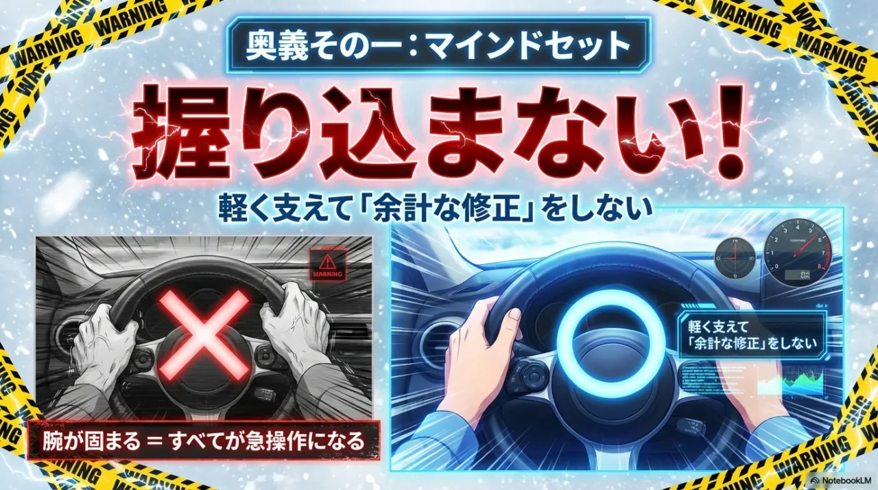 雪道でハンドルを握り込みすぎない重要性を示すイメージ