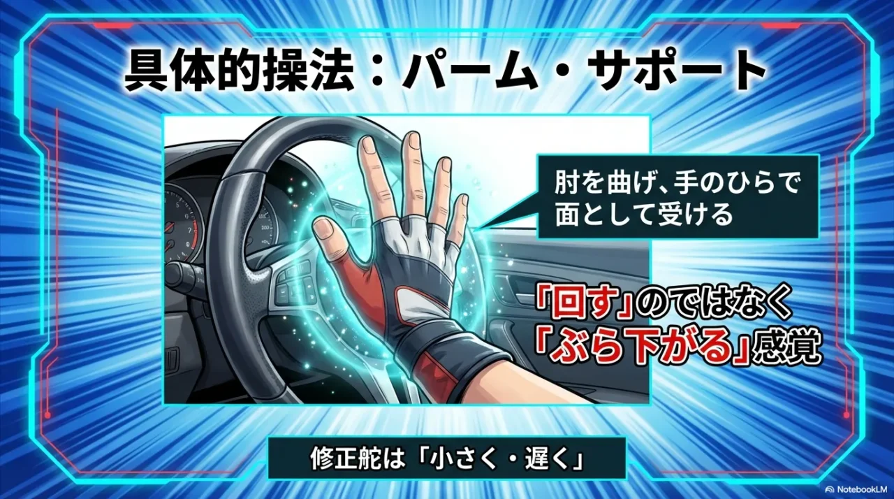 肘を曲げ手のひらで面として支えるハンドル操作の例