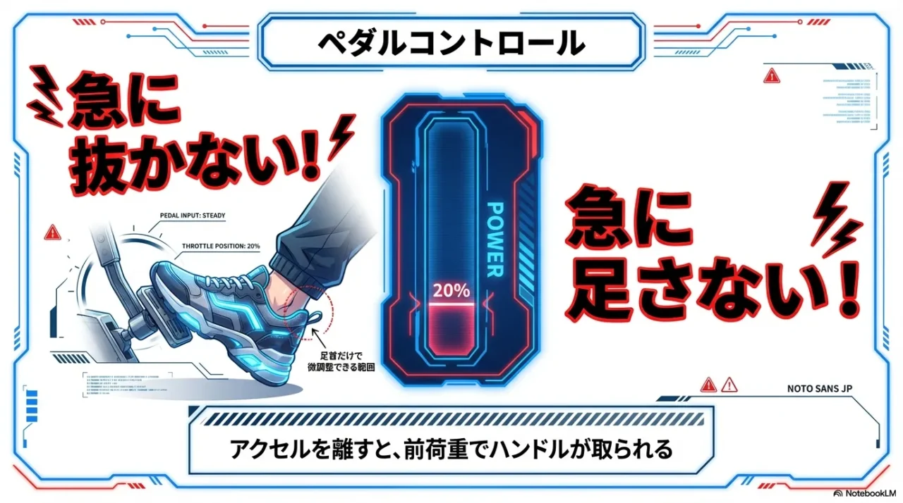 雪道でアクセルを急に抜かず急に足さないペダル操作