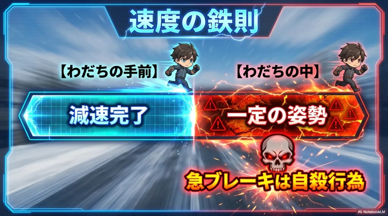 わだち手前で減速し、中では一定姿勢を保つルール