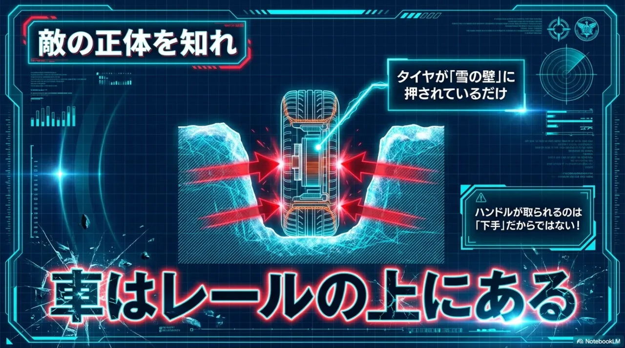 わだちの左右の雪壁がタイヤを押し、ハンドルが取られる図解