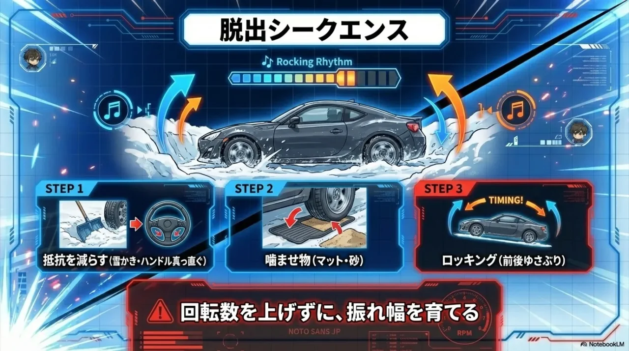 雪道スタック脱出の流れ（抵抗を減らし噛ませ物とロッキング）
