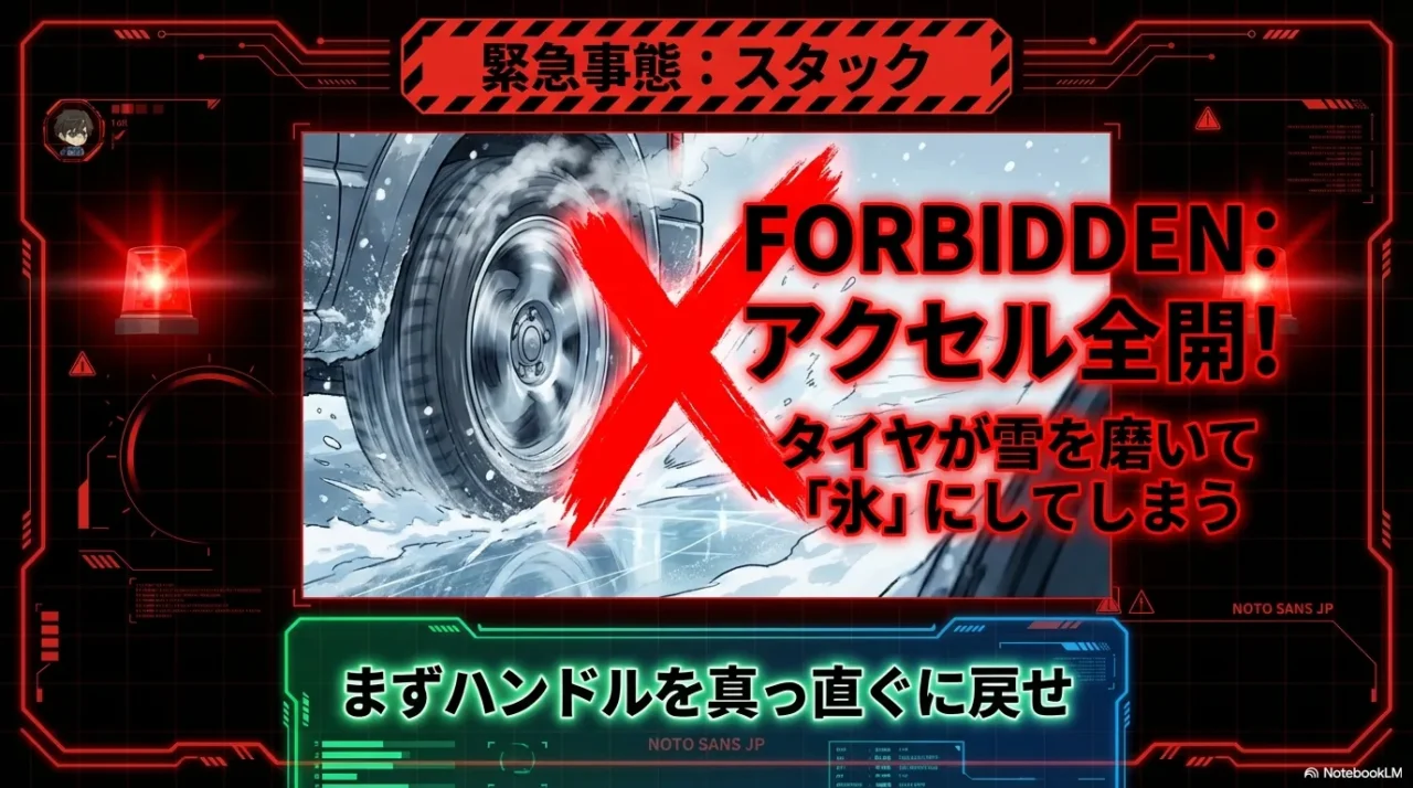 雪道スタック時にアクセル全開が逆効果である注意画像