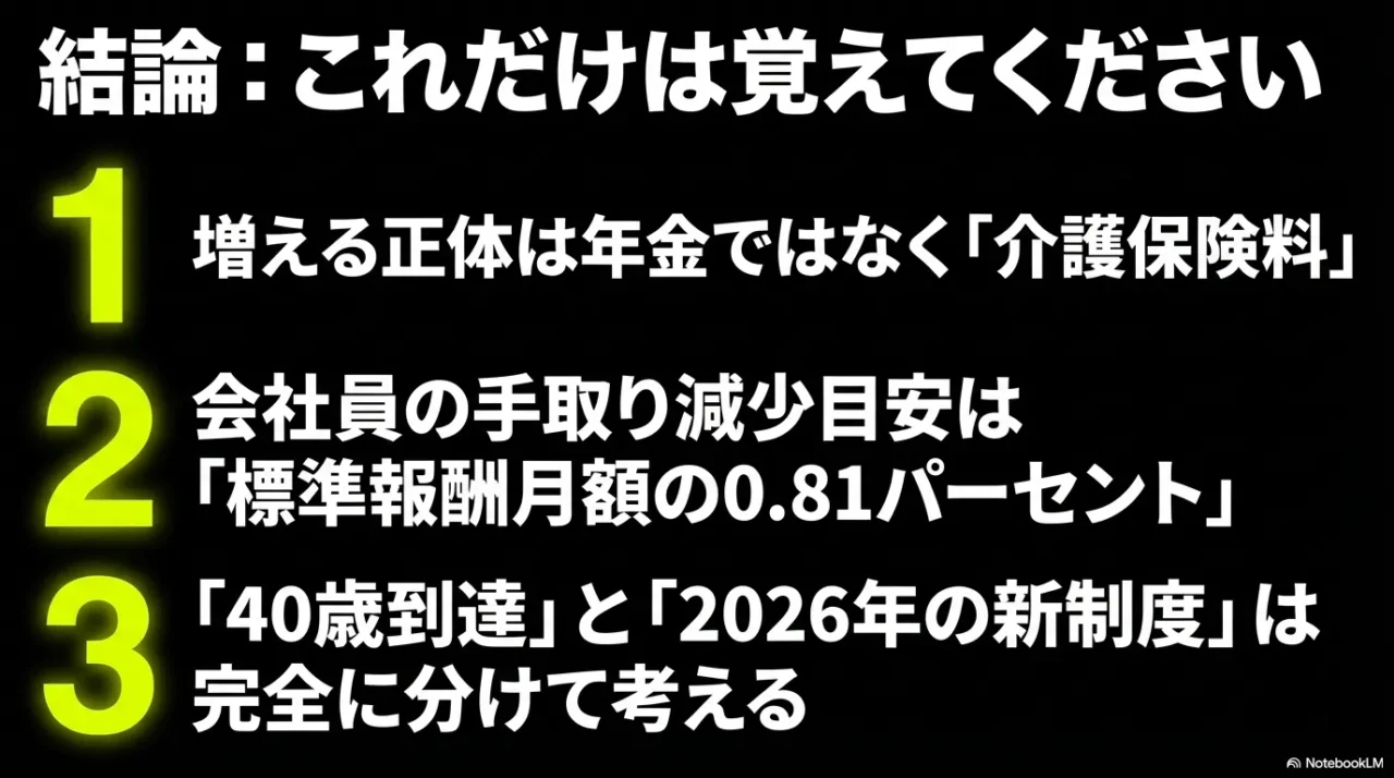 40歳の社会保険料増加について覚えるべき結論を3点でまとめた画像