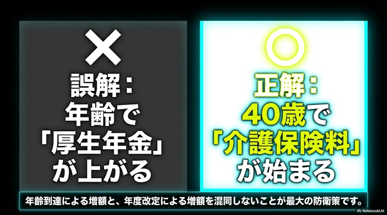 40歳で増えるのは厚生年金ではなく介護保険料だと示す比較画像