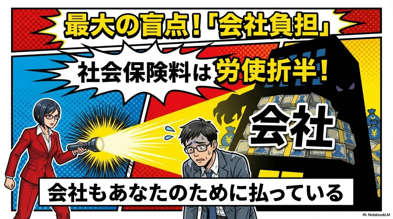 社会保険料は労使折半であり、会社も従業員のために同額を負担していることを示す天秤のイラスト