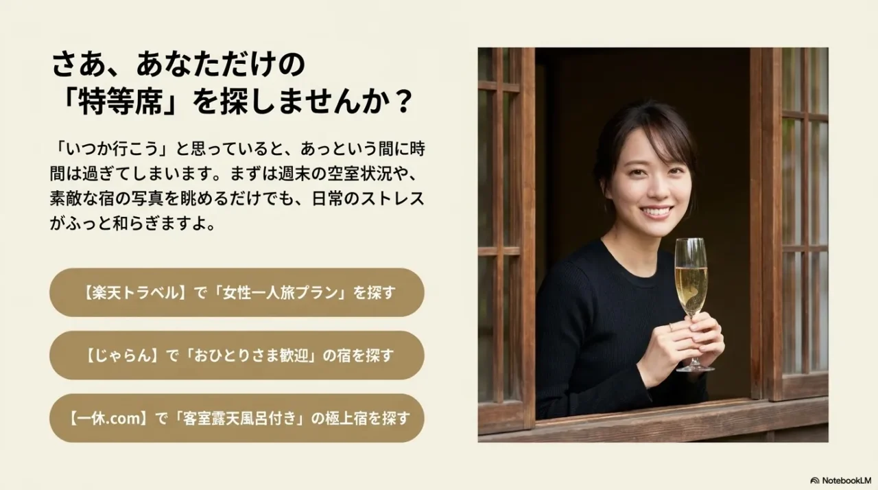 温泉宿の窓辺でグラスを持つ女性と、女性一人旅向けの宿探しを促す案内画像