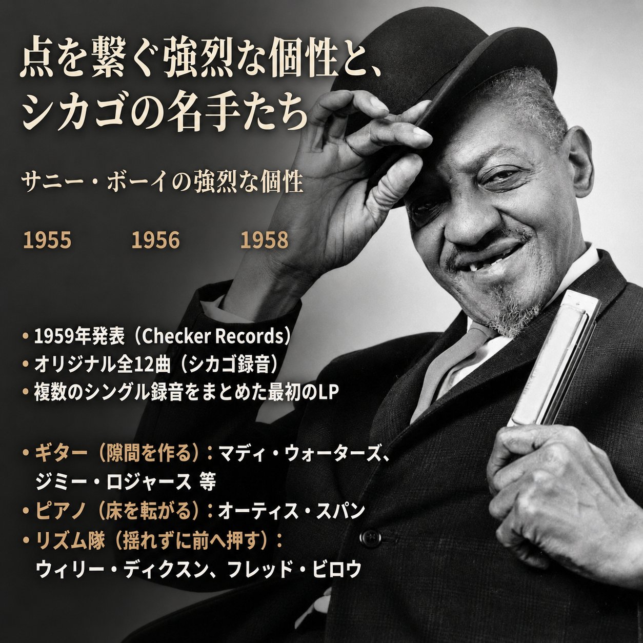 帽子を上げて笑うサニー・ボーイ・ウィリアムソンIIと、1955年から1958年の録音時期や参加奏者をまとめた画像。