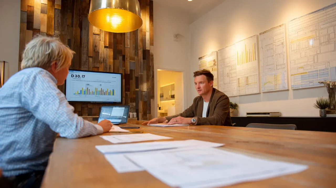防音工事の見積もりについて専門業者と相談している様子を映した会議室内の写真。木製テーブルの上に書類が広がり、専門家と依頼者が向かい合って話している。