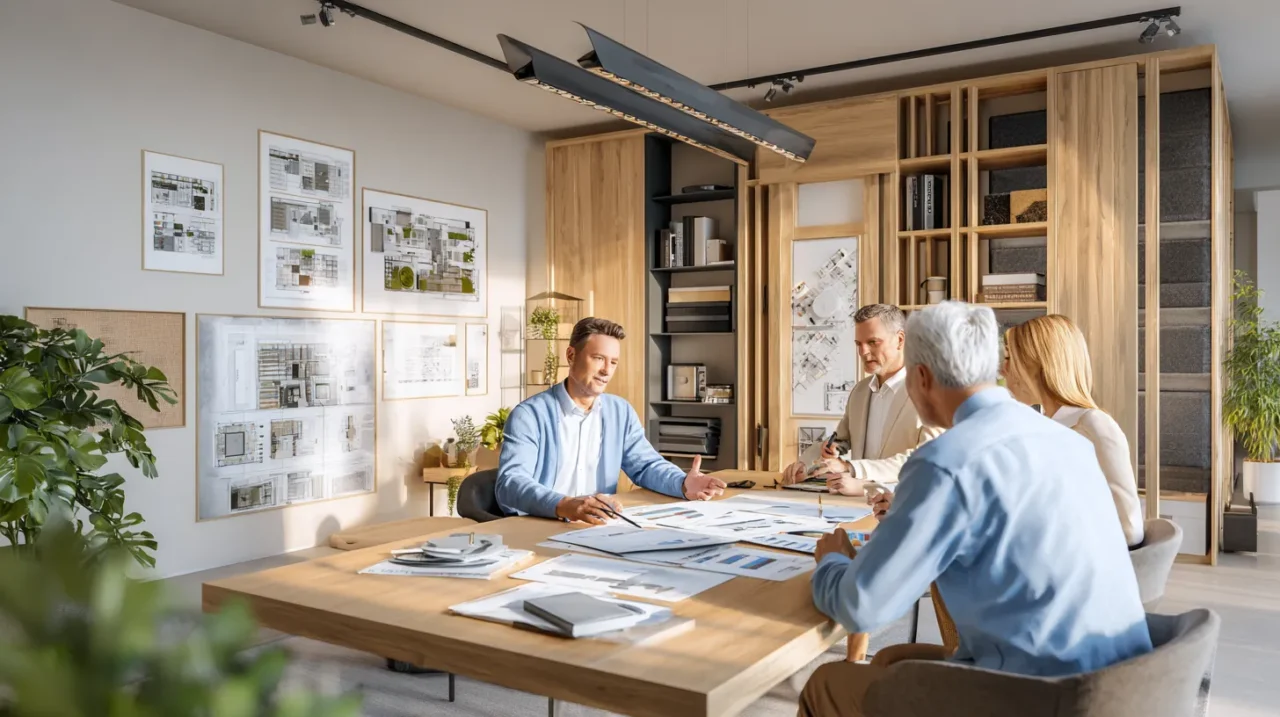 防音室の費用や性能について、専門家と相談する夫婦が設計資料を囲んで打ち合わせをしている様子の写真