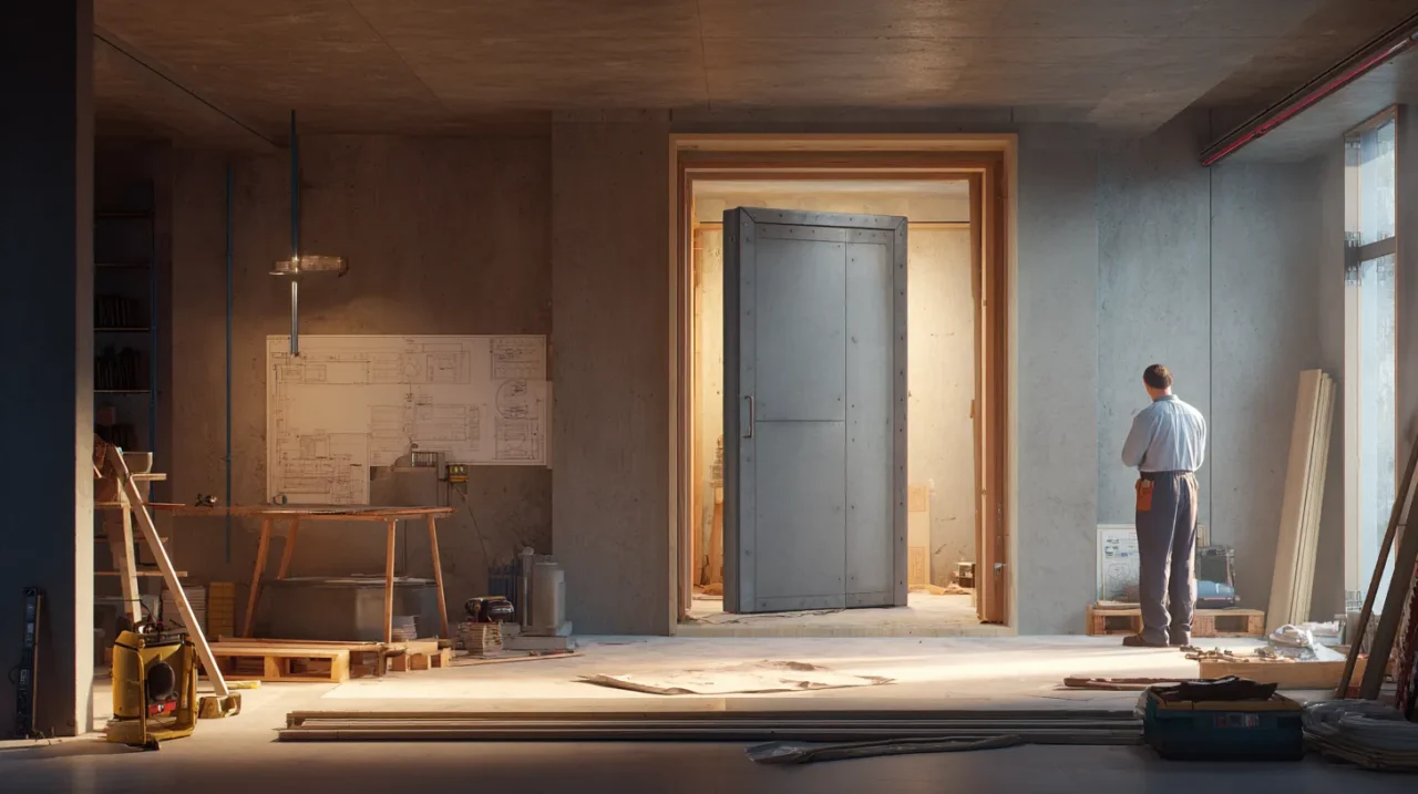 防音ドアの設置工事中の室内で、厚みのある金属製の防音ドアが枠に取り付けられ、作業員が図面を確認している様子。周囲には木材や工具が置かれ、床補強工事の途中であることが分かる。