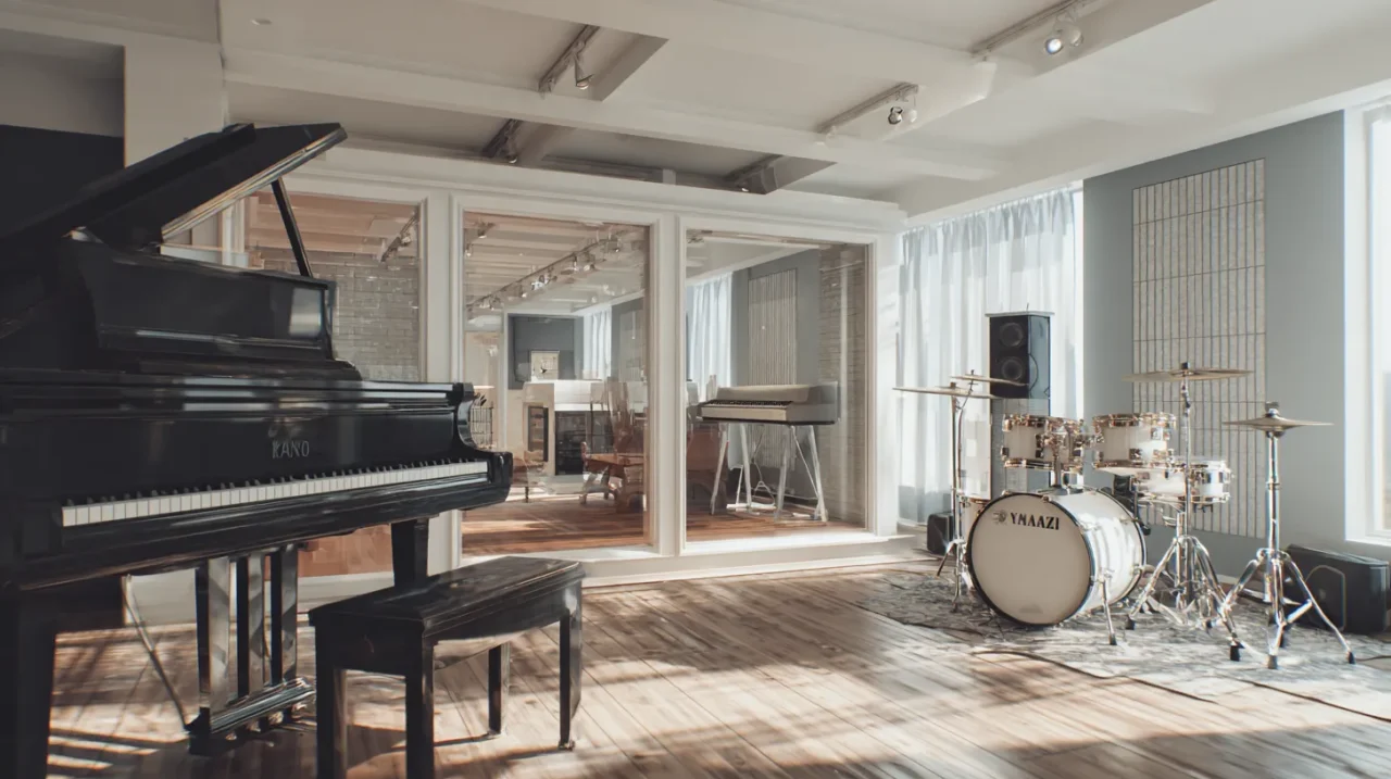 グランドピアノとドラムセットが置かれた明るい音楽スタジオ内に、ガラス張りの防音室が設置されている様子を写した写実的な室内風景。